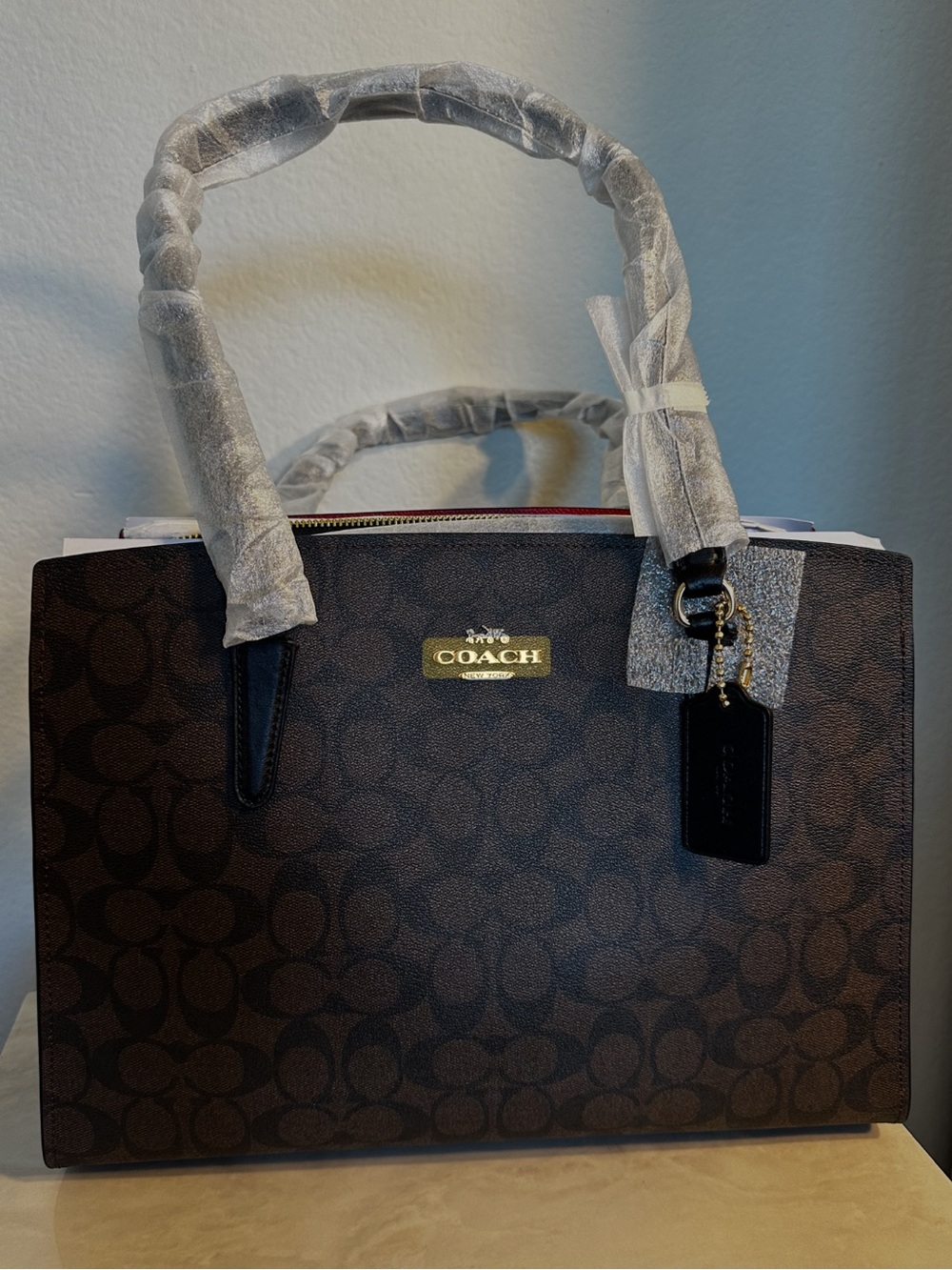 Authentic Coach Monogram Dark Brown Large Tote with Black Leather Straps NWT